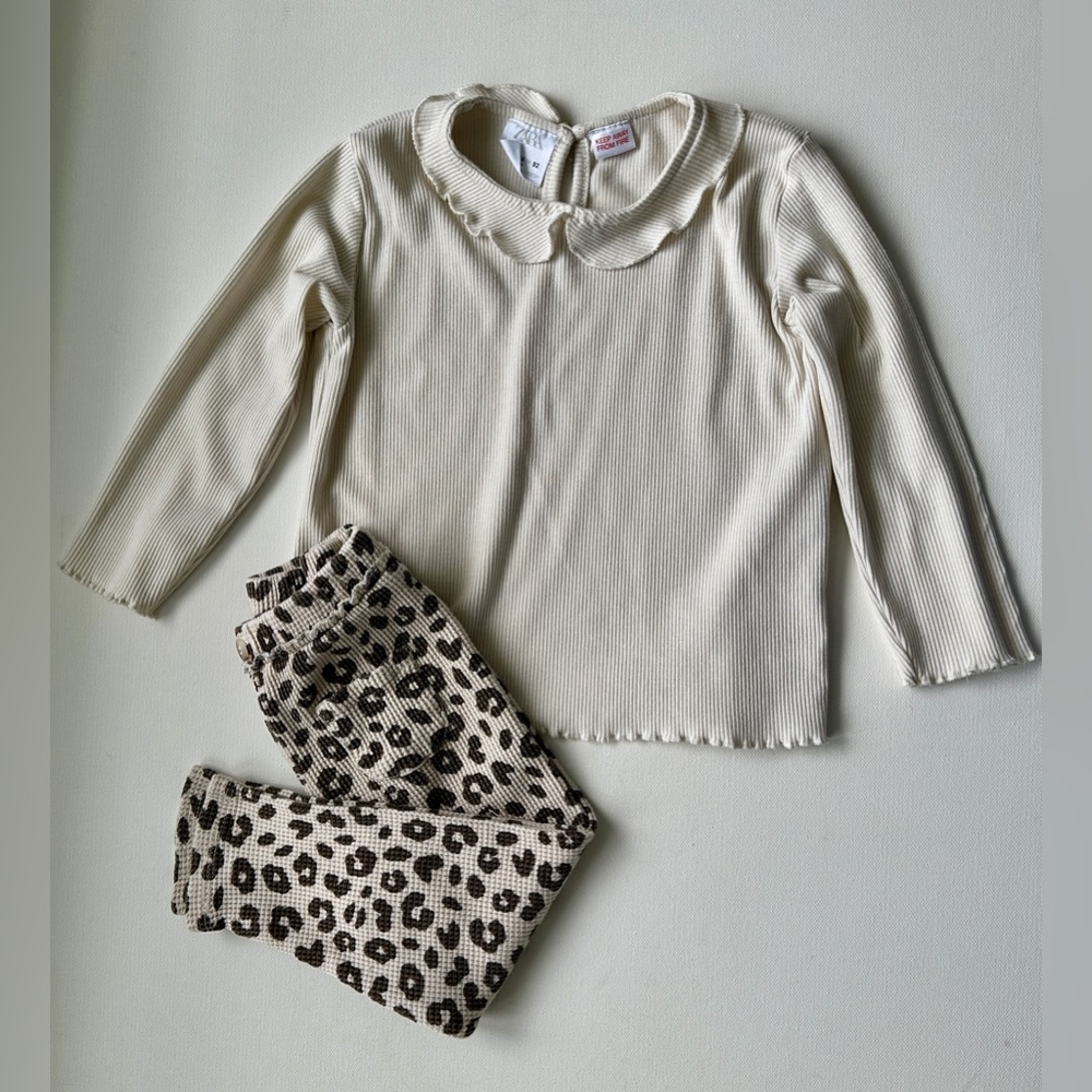 Zara girl’s two-piece, long-sleeve top and leopard print pants.  Size 18-24M.